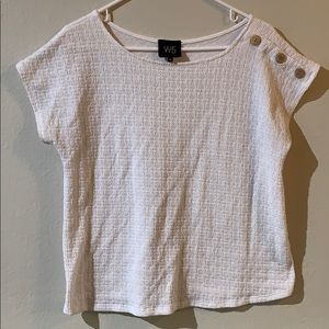 Short Sleeve Top/ White/ Button Design on Shoulder